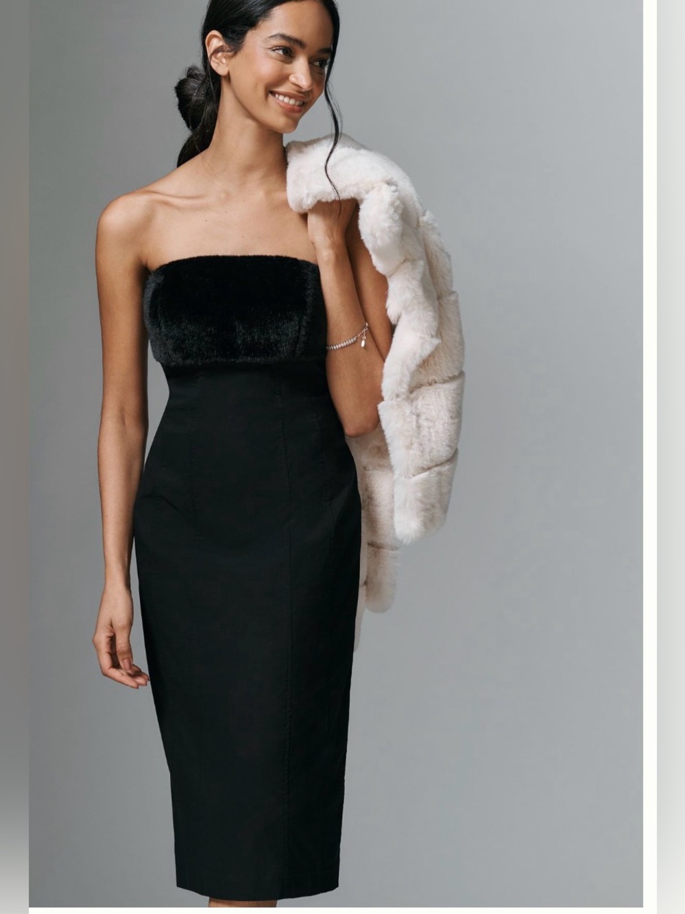 Anthropologie Strapless Faux Fur Trim MIDI Dress